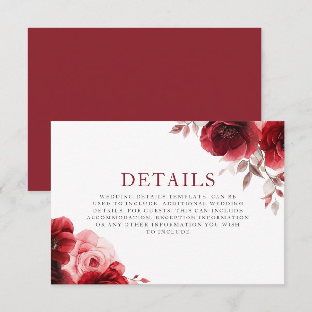 Ruby Red Wine Luxe Radiant Floral Wedding Details Enclosure Card (Front/Back)