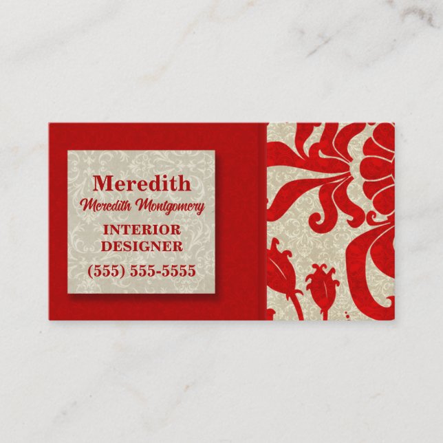 Ruby Red with Taupe Damask Print Business Card (Front)
