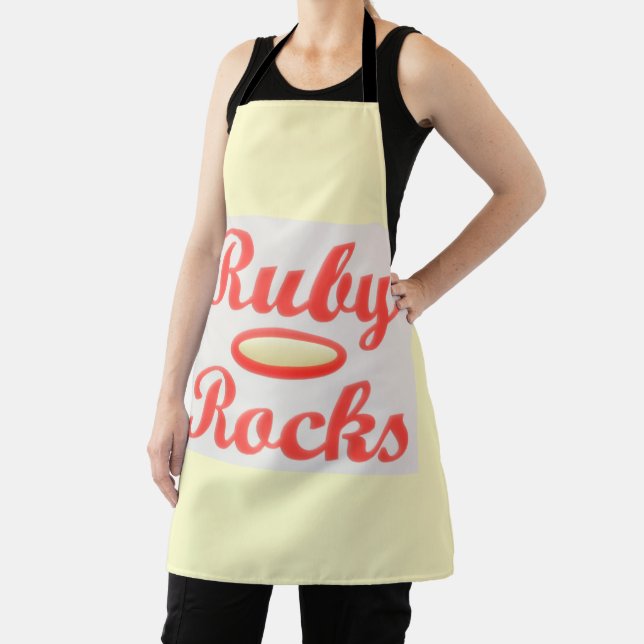 Ruby Rocks design red and mellow cream Apron (Insitu)