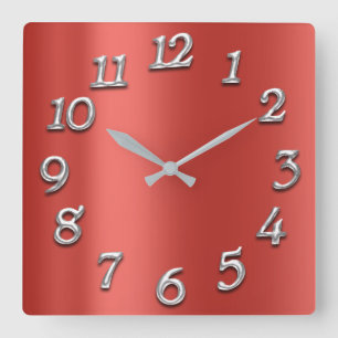 Ruby Silk Red Metallic Arabic Numbers Silver Grey Square Wall Clock