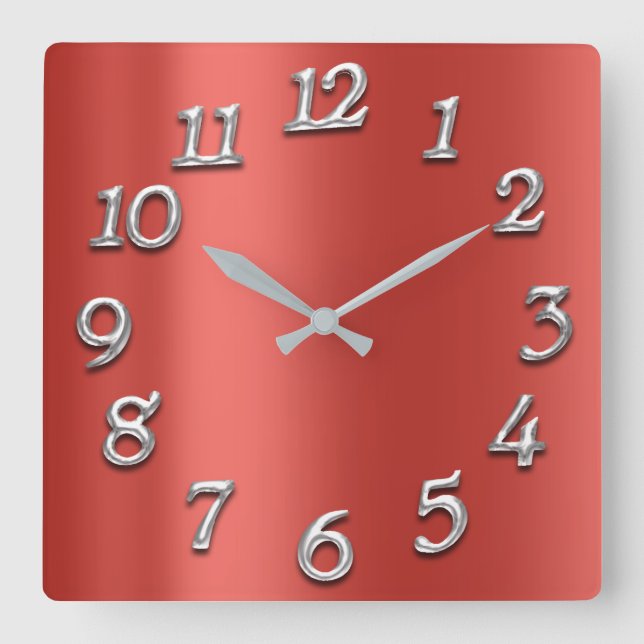 Ruby Silk Red Metallic Arabic Numbers Silver Grey Square Wall Clock (Front)