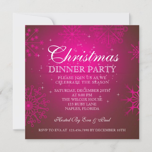 Ruby Snowflakes Christmas Dinner Party Invitation (Front)