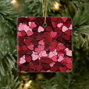 Ruby Sparkle Heart Confetti Cascade Valentine's Ceramic Ornament