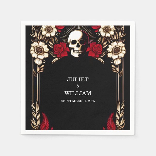 Ruby Thick Claret White Heart Red Black Wedding Napkin (Front)