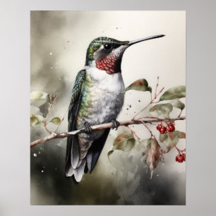 Ruby Throated Hummingbird Bird Art Print Poster