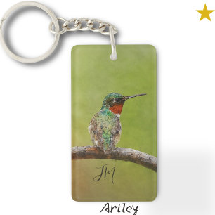 Ruby-Throated Hummingbird Bird Painting Initials Key Ring