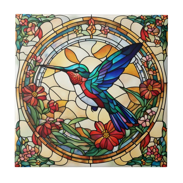 Ruby Throated Hummingbird Faux Stained Glass Ceramic Tile (Front)