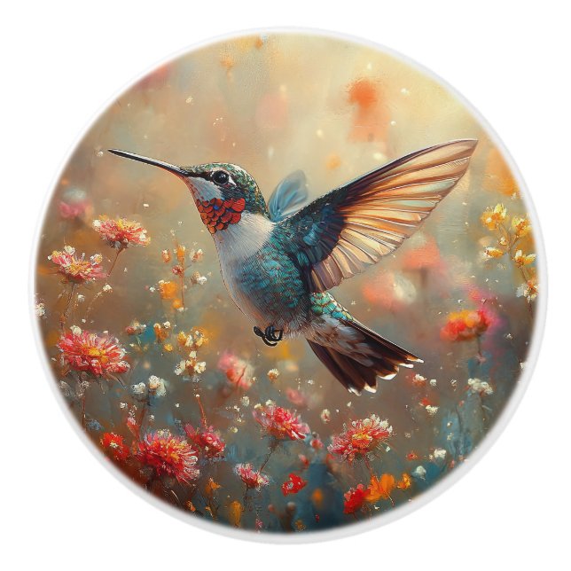 Ruby-Throated Hummingbird Floral Ceramic Knob (Front)