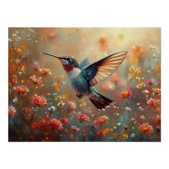 Ruby-Throated Hummingbird Floral Poster (Front)