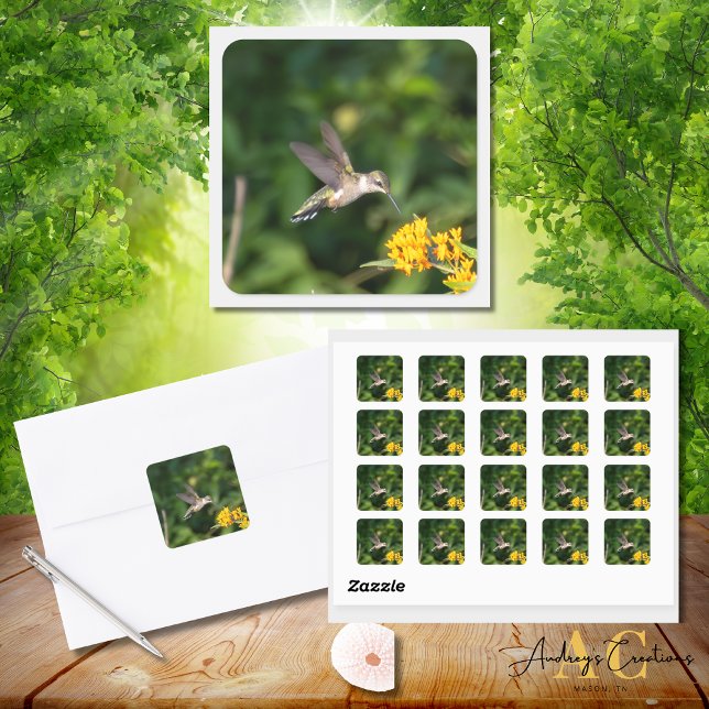Ruby-Throated Hummingbird in Butterfly Weed Square Sticker (Creator Uploaded)