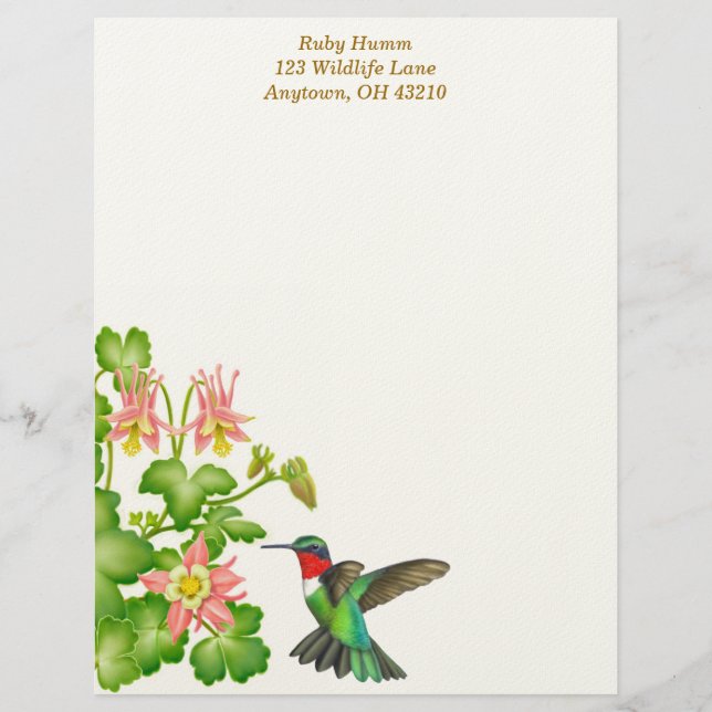 Ruby Throated Hummingbird in Columbines Personalized Letterhead (Front)