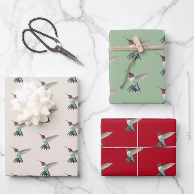Ruby-throated Hummingbird Pattern Wrapping Paper Sheet (Front)