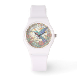 Ruby Throated Hummingbird Stain Glass (no numbers) Watch
