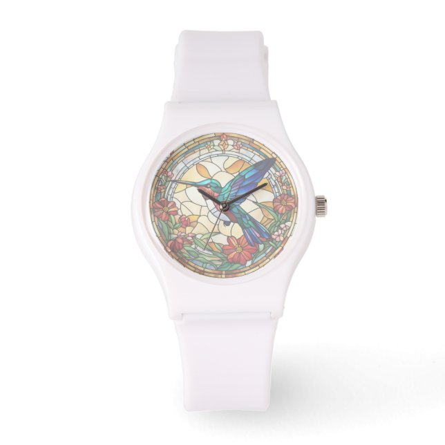 Ruby Throated Hummingbird Stain Glass (no numbers) Watch (Front)