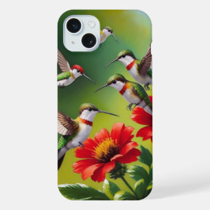 Ruby-Throated Hummingbirds and Scarlet Blooms iPhone 15 Plus Case