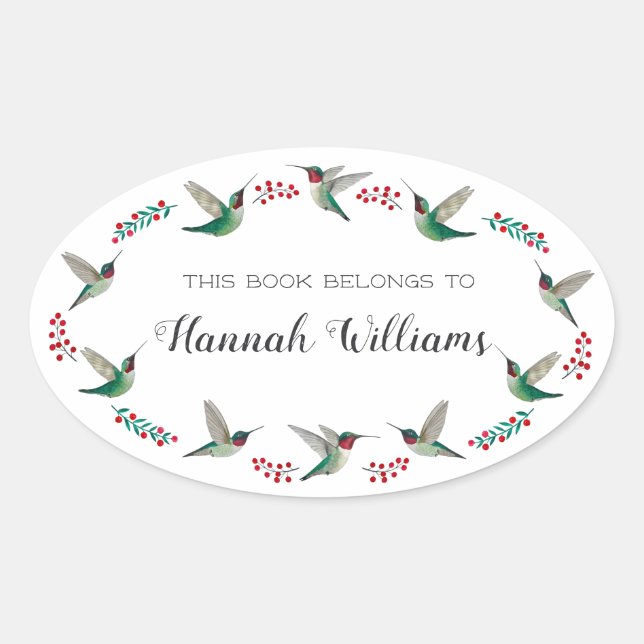 Ruby-throated Hummingbirds Bookplate Oval Sticker (Front)