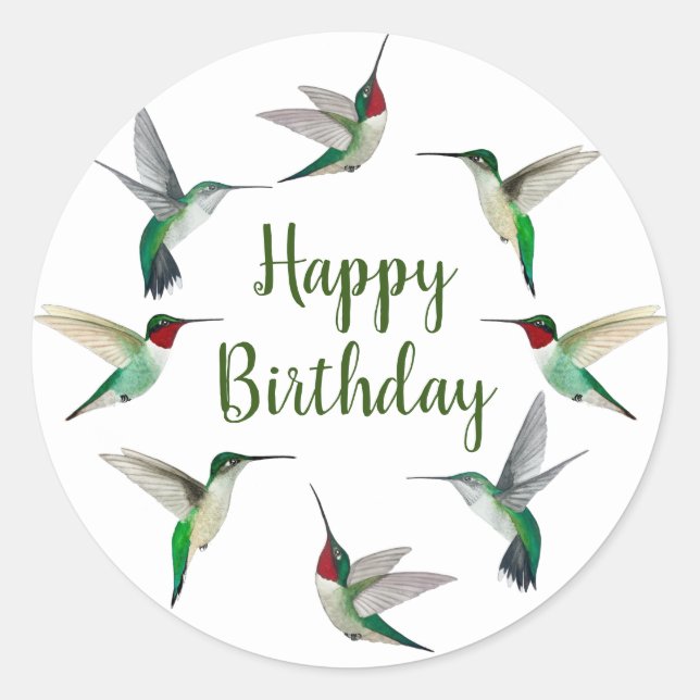 Ruby-throated Hummingbirds Happy Birthday Classic Round Sticker (Front)