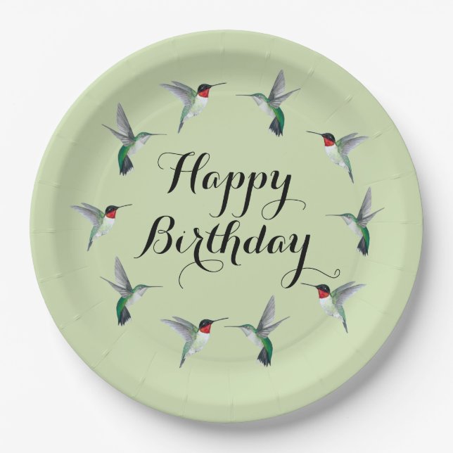 Ruby-throated Hummingbirds Happy Birthday Paper Plate (Front)