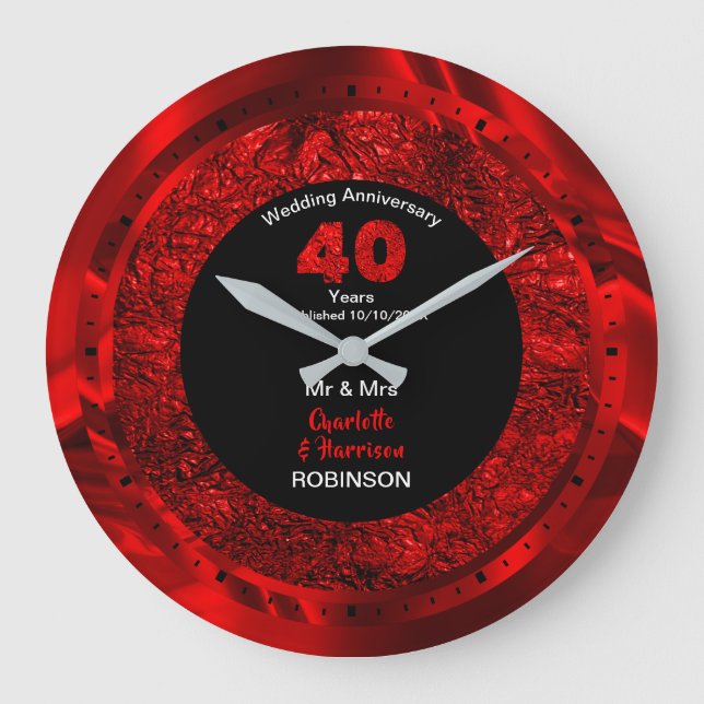 Ruby Wedding Anniversary 40 Years Personalised Lar Large Clock (Front)