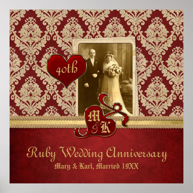 Ruby Wedding Anniversary Antique Damask Gold Red Poster (Front)
