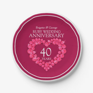 Ruby wedding anniversary heart 40 years paper plate