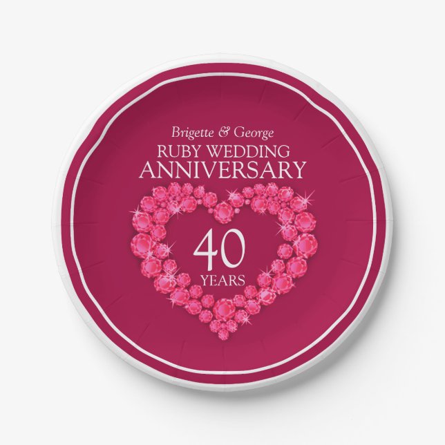 Ruby wedding anniversary heart 40 years paper plate (Front)