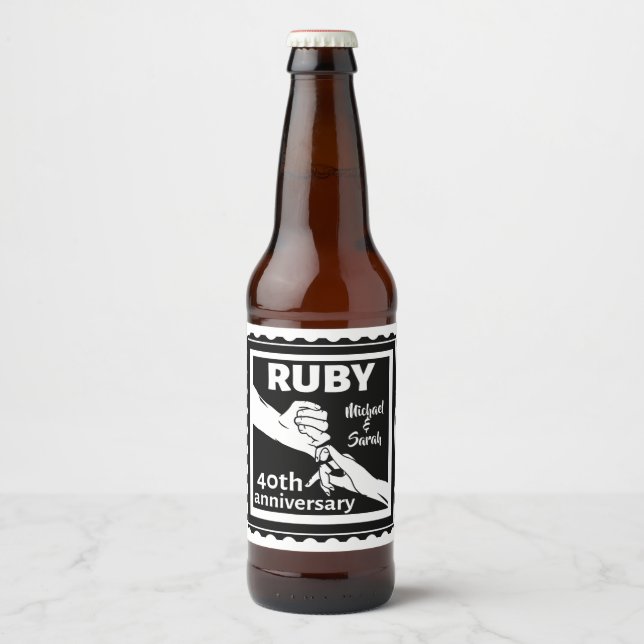 Ruby wedding anniversary holding hands 40th beer bottle label (Front)