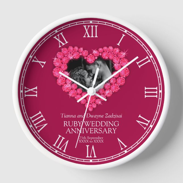 Ruby wedding anniversary photo heart custom clock (Front)