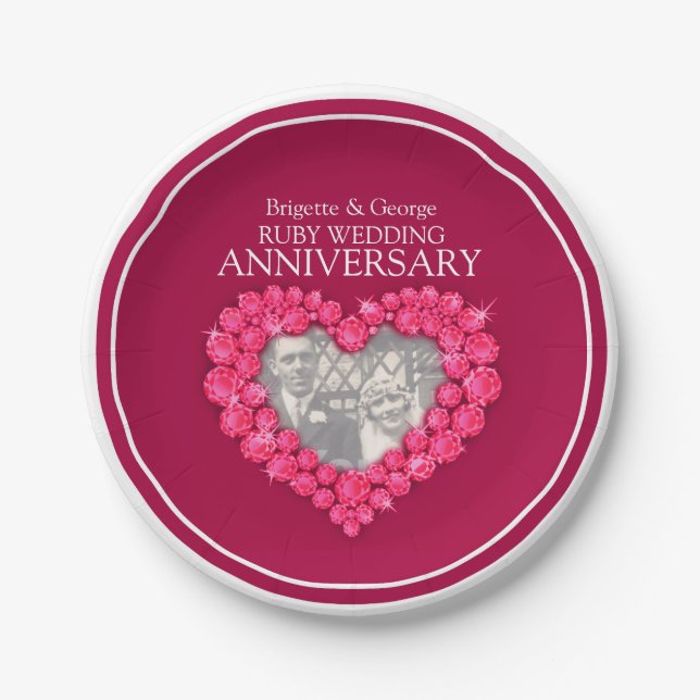 Ruby Wedding Anniversary photo heart paper plate (Front)