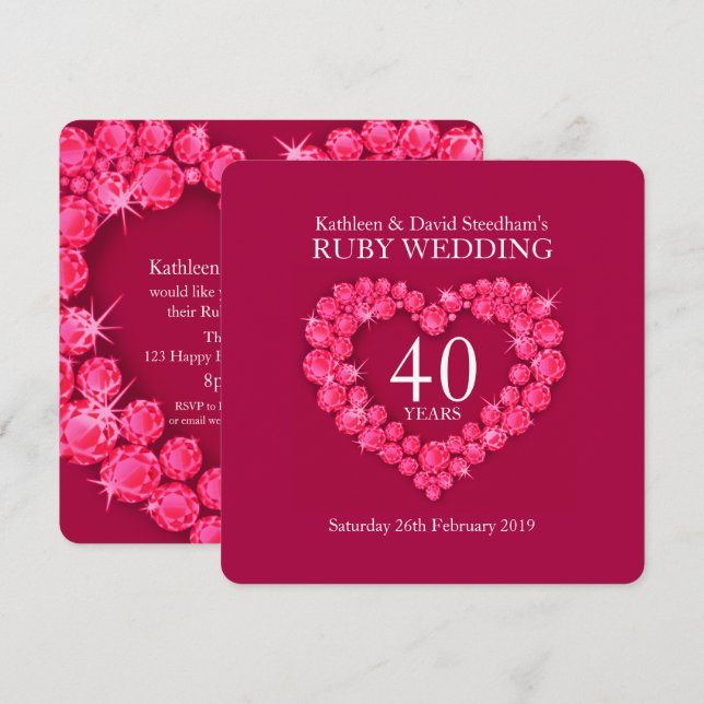 Ruby wedding heart 40 years red party invite (Front/Back)