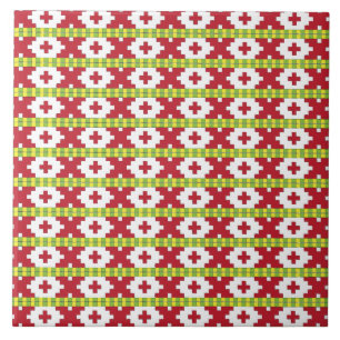 Rucava Red and green folk art geometric design V Ceramic Tile
