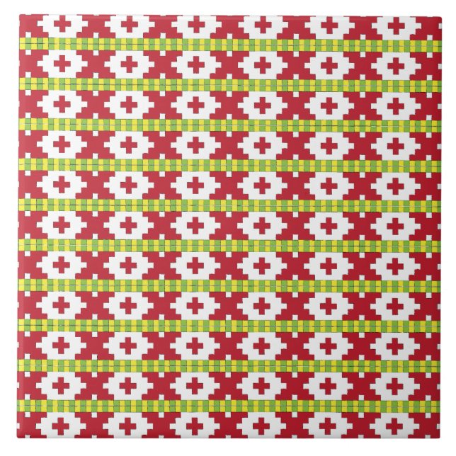 Rucava Red and green folk art geometric design V Ceramic Tile (Front)