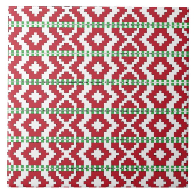 Rucava Red and green folk art geometric pattern II Ceramic Tile (Front)