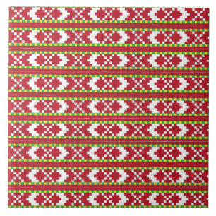 Rucava Red and white folk art geometric design IV Ceramic Tile