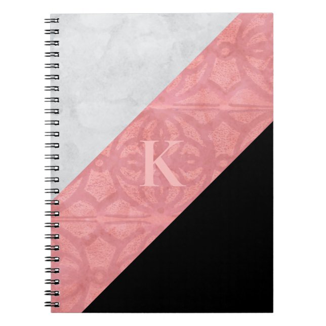 Ruddy Pink Batik And Black Watercolor Monogrammed Notebook (Front)