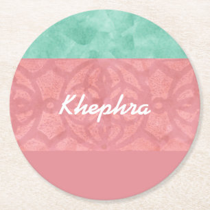 Ruddy Pink Batik And Blue Watercolor Name Round Paper Coaster