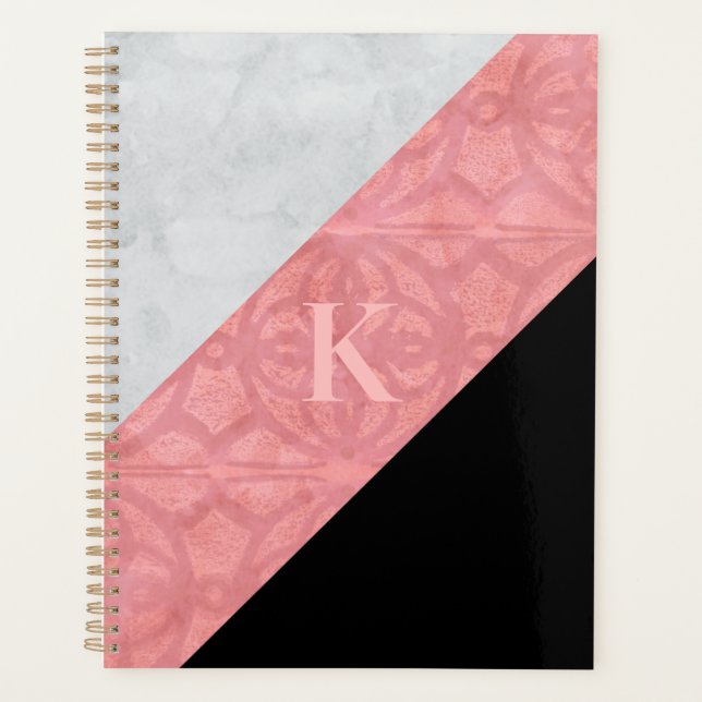 Ruddy Pink Batik And Grey Watercolor Letter Planner (Front)