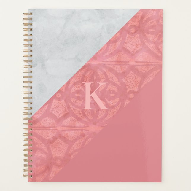 Ruddy Pink Batik And Grey Watercolor Letter Planner (Front)