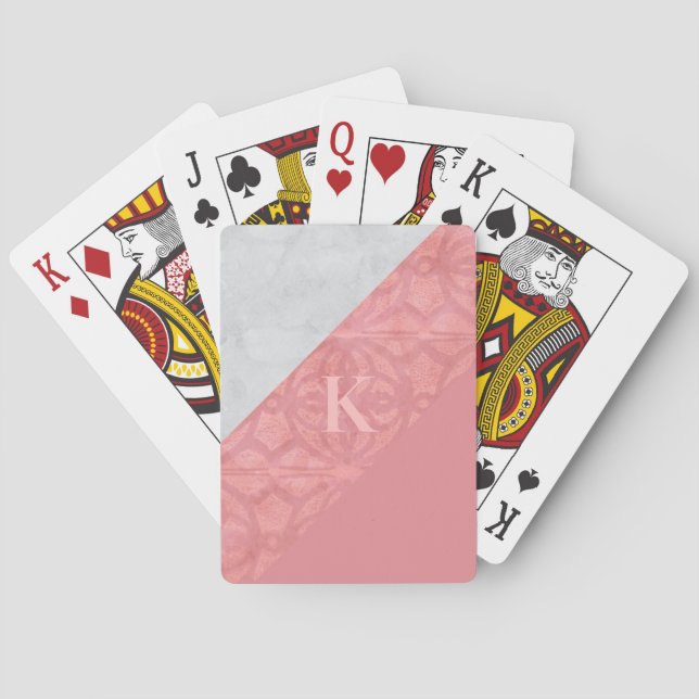 Ruddy Pink Batik And Grey Watercolor Letter Playing Cards (Back)