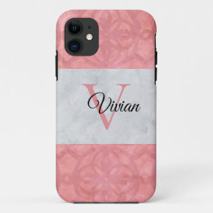 Ruddy Pink Batik And Grey Watercolor Monogrammed iPhone 11 Case