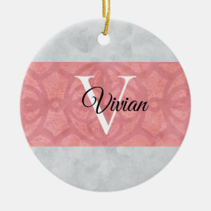 Ruddy Pink Batik And Grey Watercolor Monogrammed Ceramic Ornament