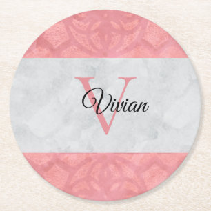 Ruddy Pink Batik And Grey Watercolor Monogrammed Round Paper Coaster