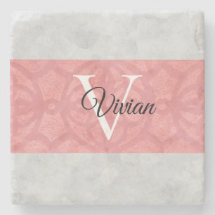 Ruddy Pink Batik And Grey Watercolor Monogrammed Stone Coaster