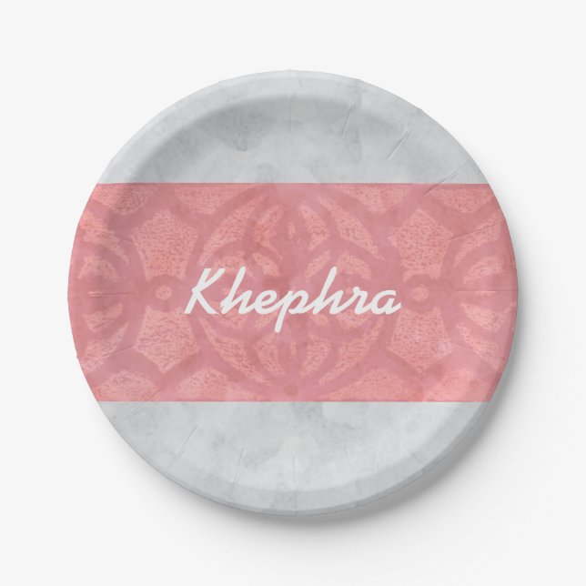 Ruddy Pink Batik Grey Watercolor Name Paper Plate (Front)