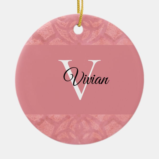 Ruddy Pink Batik Name Monogrammed Ceramic Ornament (Front)