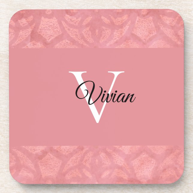 Ruddy Pink Batik Name Monogrammed  Coaster (Front)