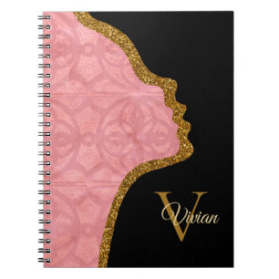 Ruddy Pink Black And Gold Glitter Face Notebook