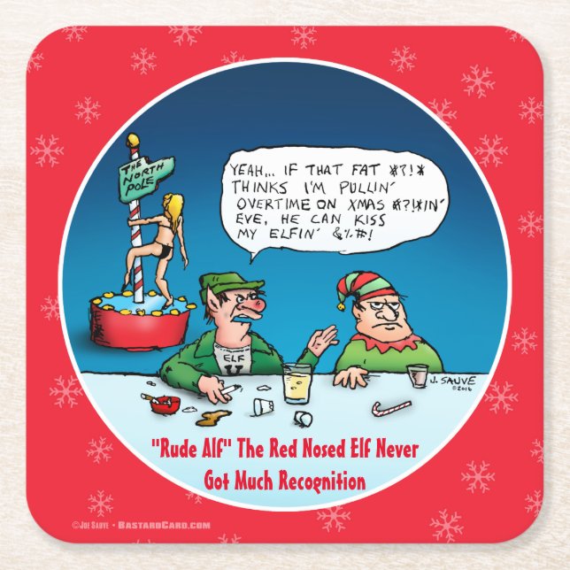 Rude Alf Funny Christmas Elf Square Paper Coaster (Front)