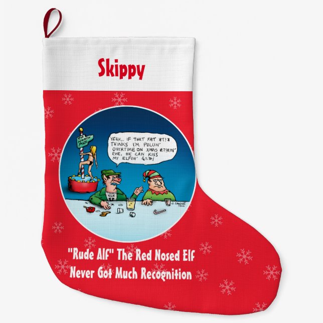 Rude Alf - Funny Elf Cartoon Custom Christmas Large Christmas Stocking (Front)