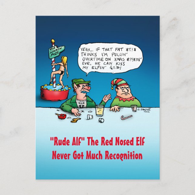 Rude Alf - Funny Elf Christmas Cartoon Holiday Postcard (Front)